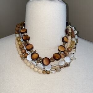 Beige Brown Tan Beaded Multi Strand Statement Necklace 18” and Earring Set NEW